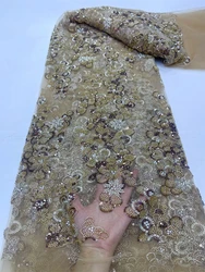 Nigerian Tulle with Sequins Embroidery, Lace Fabric, Beads, Stone Prom Dresses, Sewing, High Quality, 2024, jy345 ,5Yards