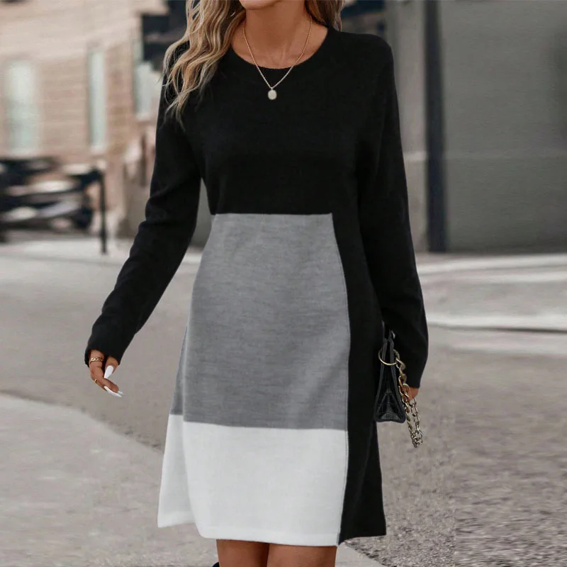 

Spring Dresses for Women 2025 Long Sleeve O-Neck Women Dress Black Patchwork A-Line Dress Women Vestidos De Verano Mujer Q03