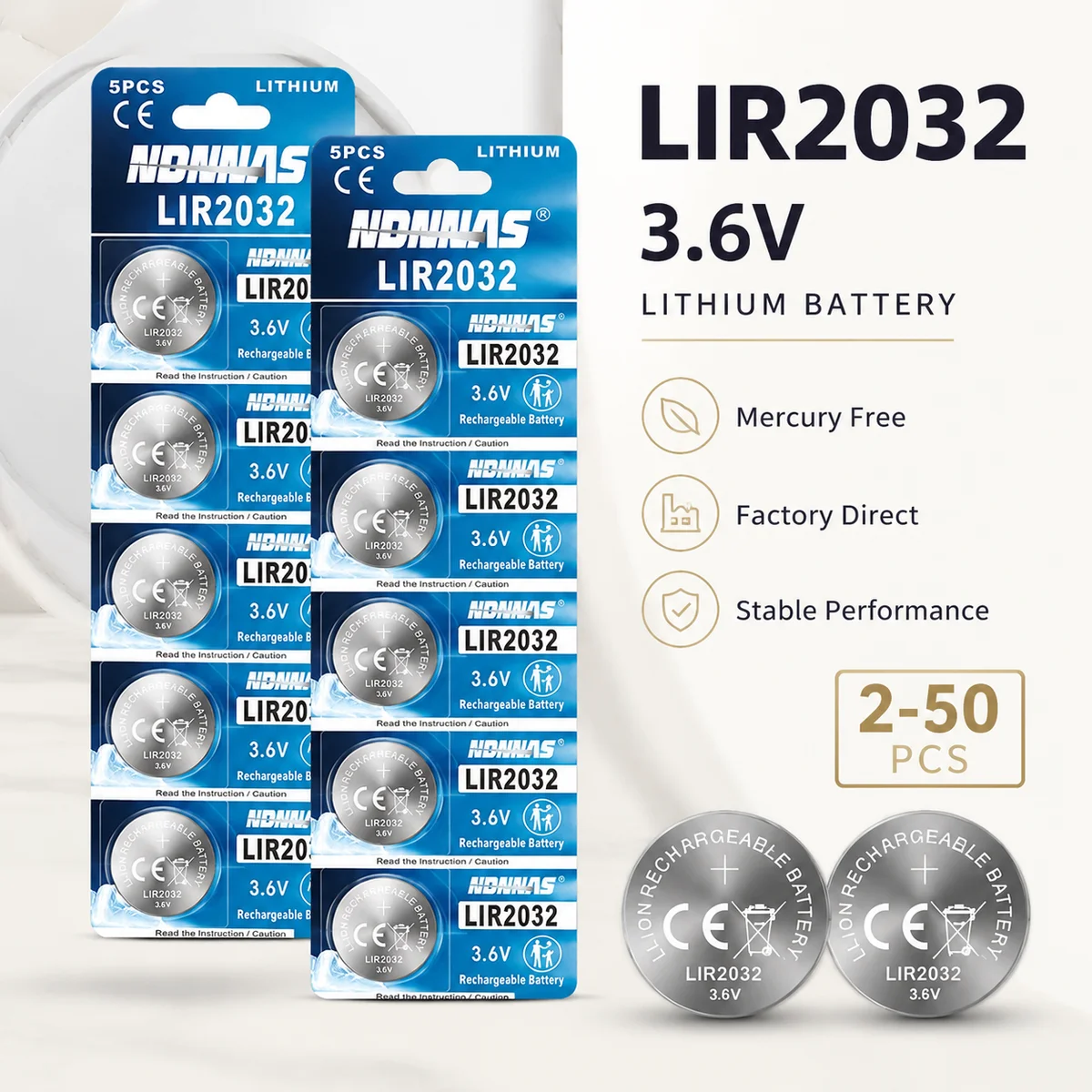 Rechargeable Lithium Ion Coin Cell Battery LIR2032 3.6V 40mAh 2-50PCS Replacement for CR2032 Lithium Coin Cell Batteries
