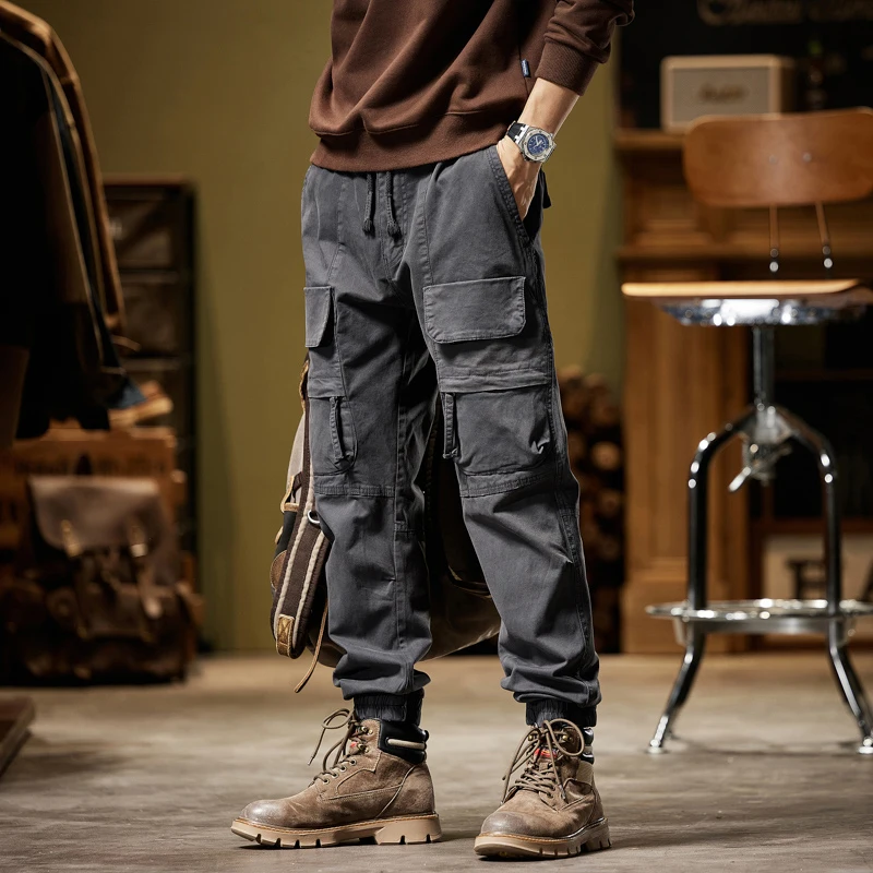 

Men Cargo Pants Spring New Fashion Cotton Solid Pants Multi Pocket Joggers Military Trousers Elastic Waist Outwear Tactical Pant