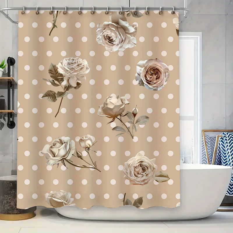

Занавеска для ванны с цветочным принтом, бежевая занавеска для душа в горошек, водонепроницаемая ткань для декора ванной комнаты, аксессуары (средний размер)