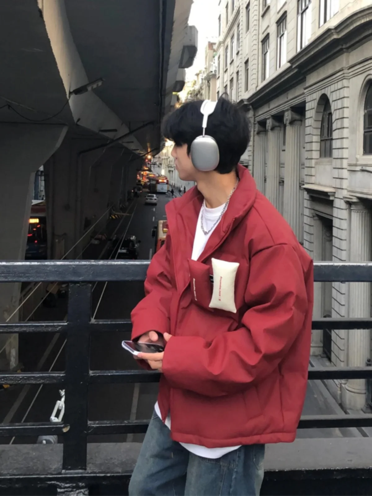 

Red PU Leather down Jaet Men's Winter Thiened Stand Collar Cotton Youth Faionable Double Cotton Outerwear Coat