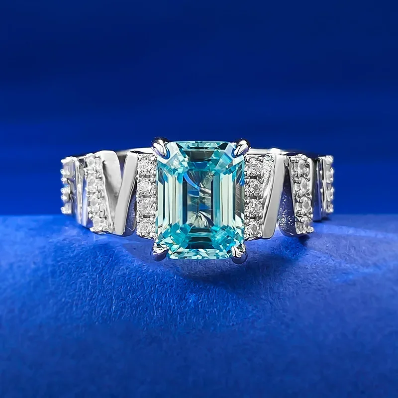 Anillo de plata S925 para mujer, accesorio Rectangular de 6x8, luz plana, azul marino, Diamante Simple y atmosférico, novedad