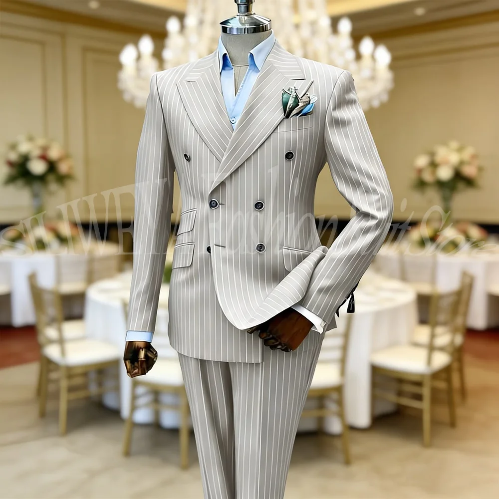 

New Arrival Stripe Men's Suits Double Breasted 2 Piece Jacket Pants Male Business Gentleman Blazers Sets Wedding Groom Tuxedos