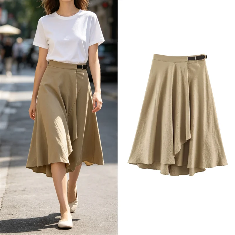 Guobioziy Women's Midi Skirt 2026 Early Autumn New Arrival – Fashionable Double-Breasted Buckle Decorative Midi Cape Skirt