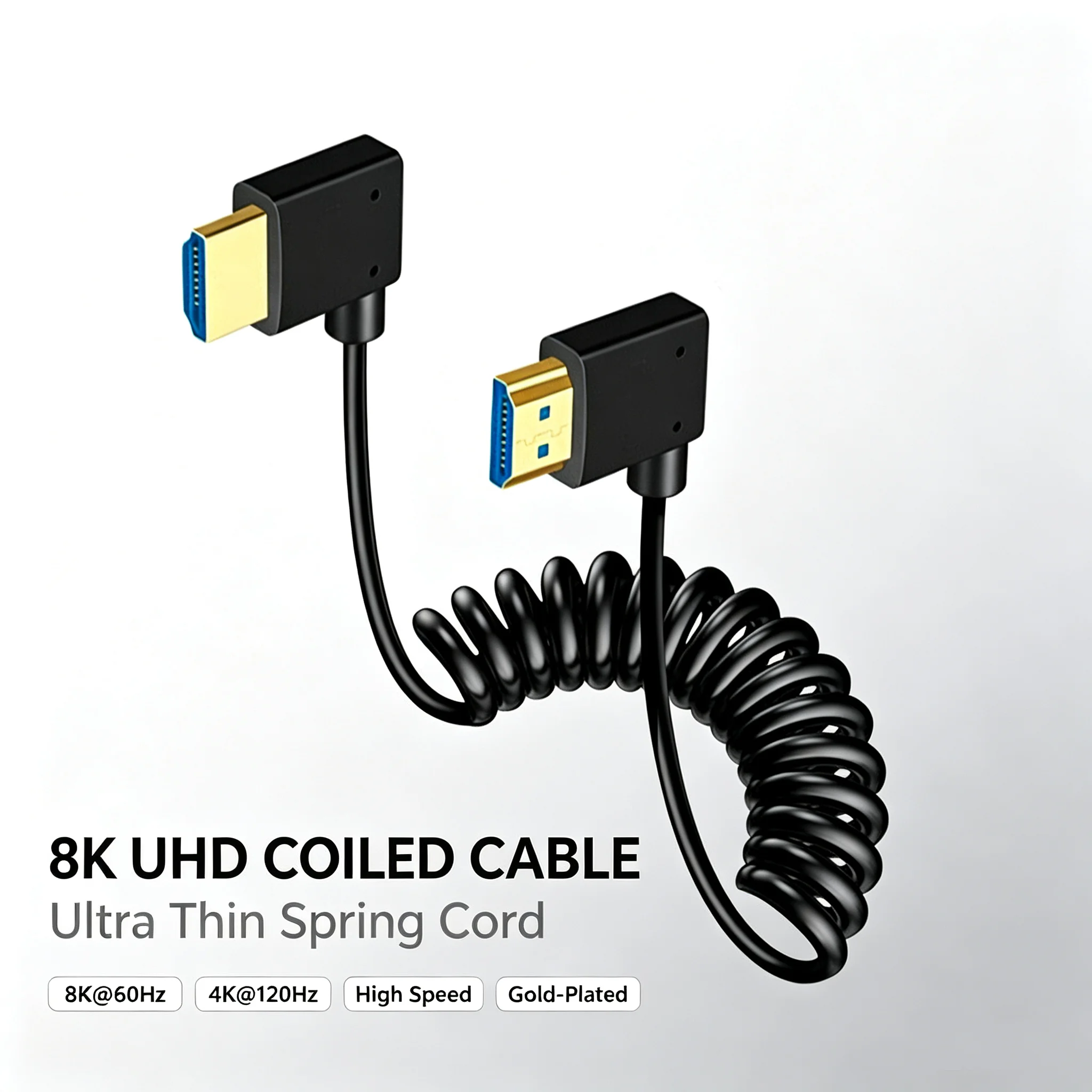 90 Degree Coiled Stretch High Definition Slim Cable 8K60Hz 4K120Hz Left Right Angle Gold‑Plated for Camera Monitor PC Laptop