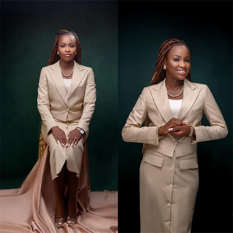 

Beige Women Suits Set 2 Pcs Vintage Peaked Lapel Custom Made Blazer+Knee Length Skirt Formal Daily Office Lady Jacket