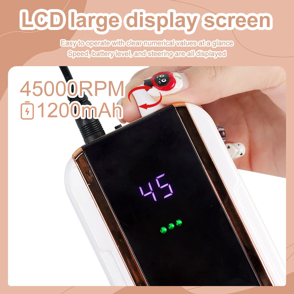 جهاز مثقاب أظافر كهربائي قابل لإعادة الشحن 45000 دورة في الدقيقة، مبرد تلميع أظافر احترافي، ملمع منخفض الضوضاء لأدوات صالون الأظافر