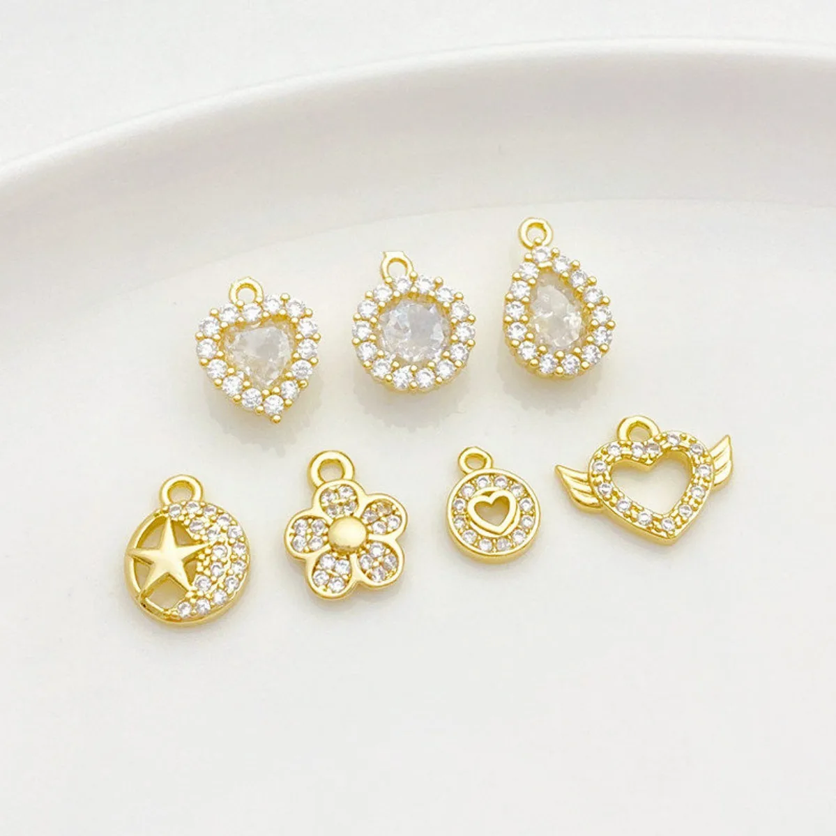 14K Gold Plated Inlaid Cubic Zirconia Love Double‑Circle Moon Small Charm Pendant DIY Findings for Necklace Jewelry Making