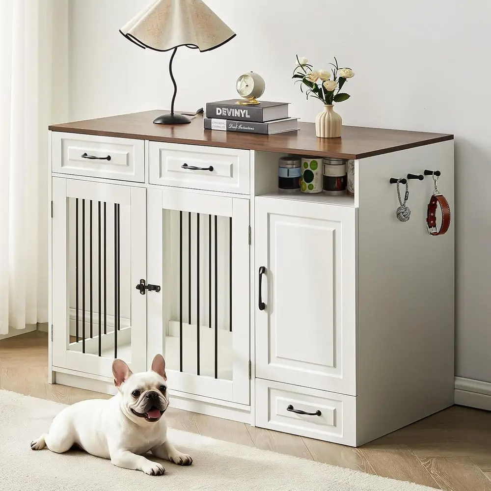 

Белый деревянный ящик для собак с местом для хранения, миской для кормления и 3 ящиками, идеально подходит для маленьких собак, для использования в помещении