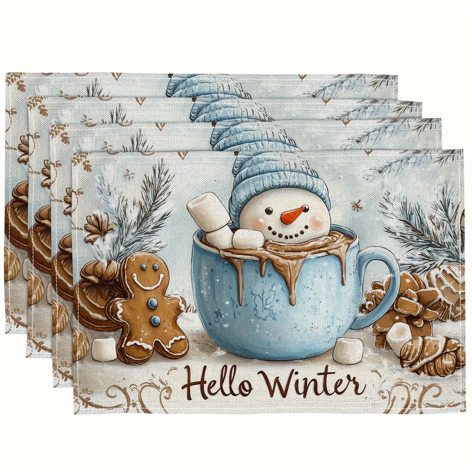 4pcs Polyester Placemat, Winter Theme Placemat, Snowman in Hot Chocolate Cup, Heat-Resistant Square Polyester Table Placemat