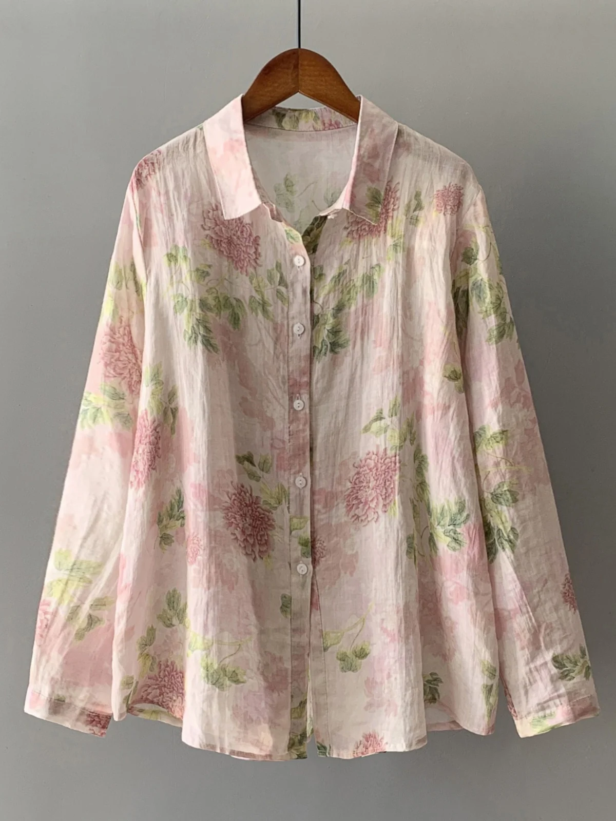 Retro Artistic Print Flax irt Women's Loose Casual Single Button Long Sve Layered Cotton Linen Open Cardigan Top