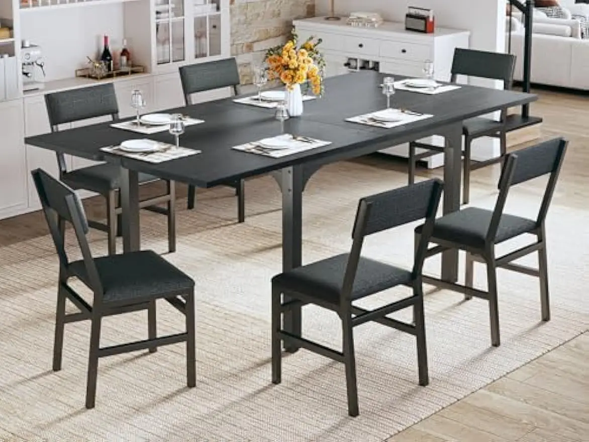

7-Piece Dining Table Set for 4-6, Extendable Kitchen Table Cushion Chairs Set of 6 with 6 Chairs, Rectangle Dining
