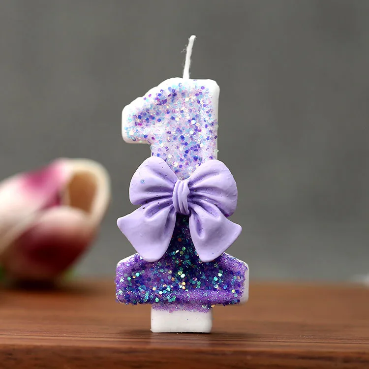 Creative Glitter Gradual Purple Bow 0-9 Digital Birthday Candle - Handmade Sequins Cake Party Decoration Supplies - view 4