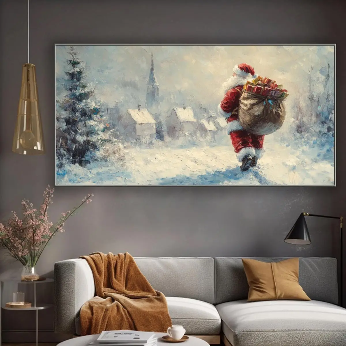 1 Large Horizontal Unframed Canvas Wall Art - Vintage Modern Santa Claus Christmas Winter Scene Panoramic Print, Premium Canvas
