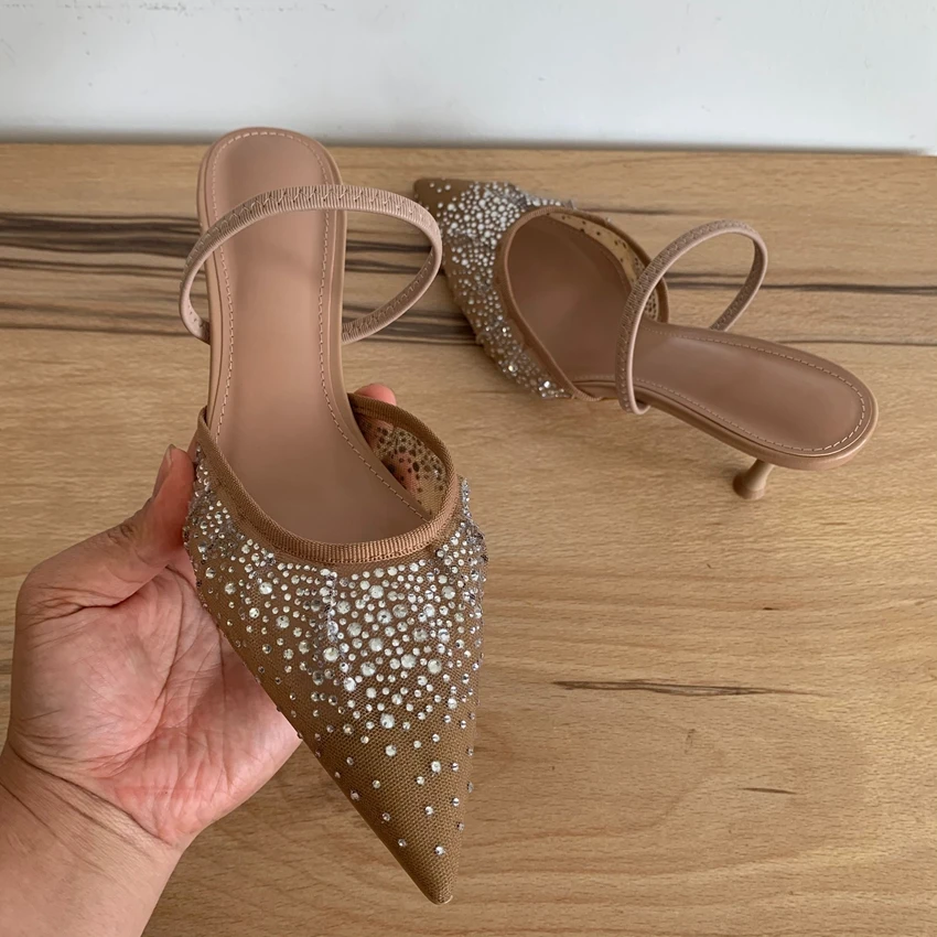 Fashion Summer Women High Heels Rhinestone Slingback Woman Pumps Pointed Toe High Heels Sandals Elegant Woman Shoes