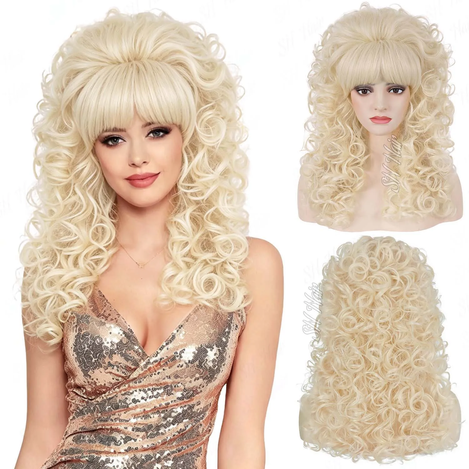 

Synthetic 80s Vintage Big Beehive Wig for Women Retro Curly Wig with Bangs for 60s 70s Cosplay Halloween Party,Dolly Costume Wig