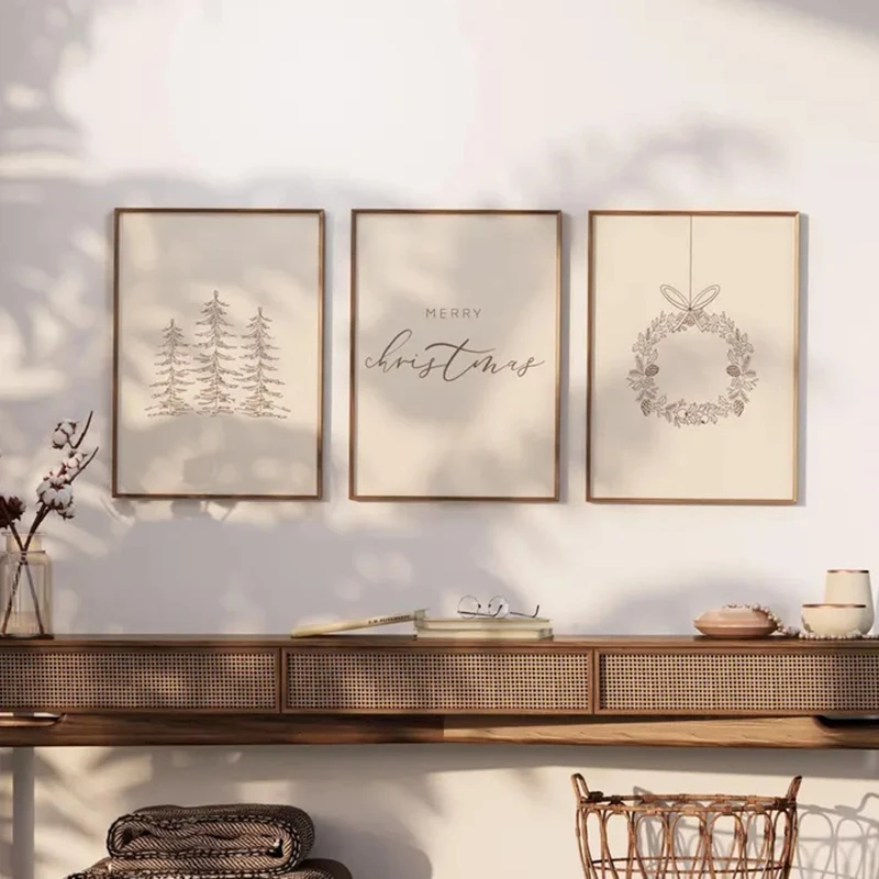 مجموعة بسيطة مكونة من 3 طباعة عيد الميلاد بدون إطار من القماش لمجموعة معرض الفنون الجدارية لعيد الميلاد المجيد. مطبوعات عيد الميلاد لديكور المنزل