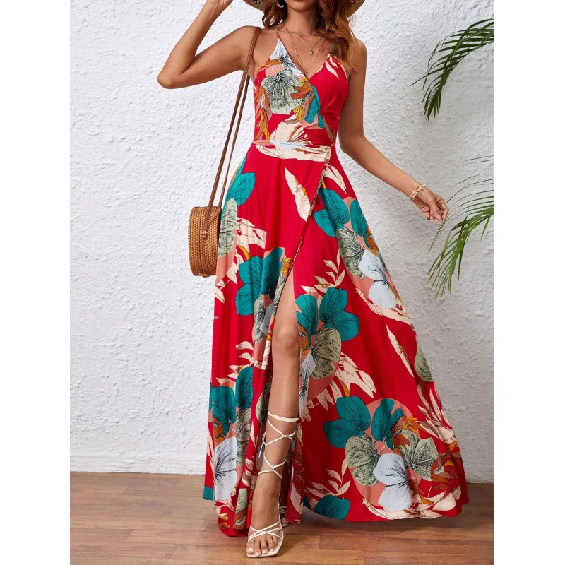 Vestido maxi feminino com estampa floral, alça espaguete, costas abertas, bainha dividida, boho, praia, festa, vestido longo casual