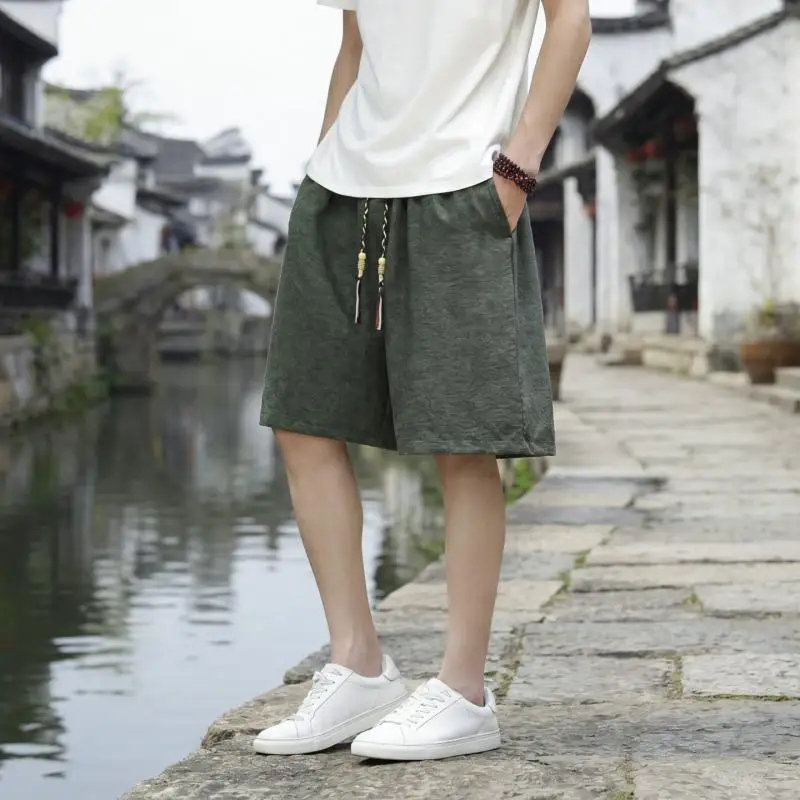 Men Knee Length Shorts for Daily Walking 5 Inch Drawstring Loose Fit Breathable Solid Color Beach Casual Shorts Summer Bottoms