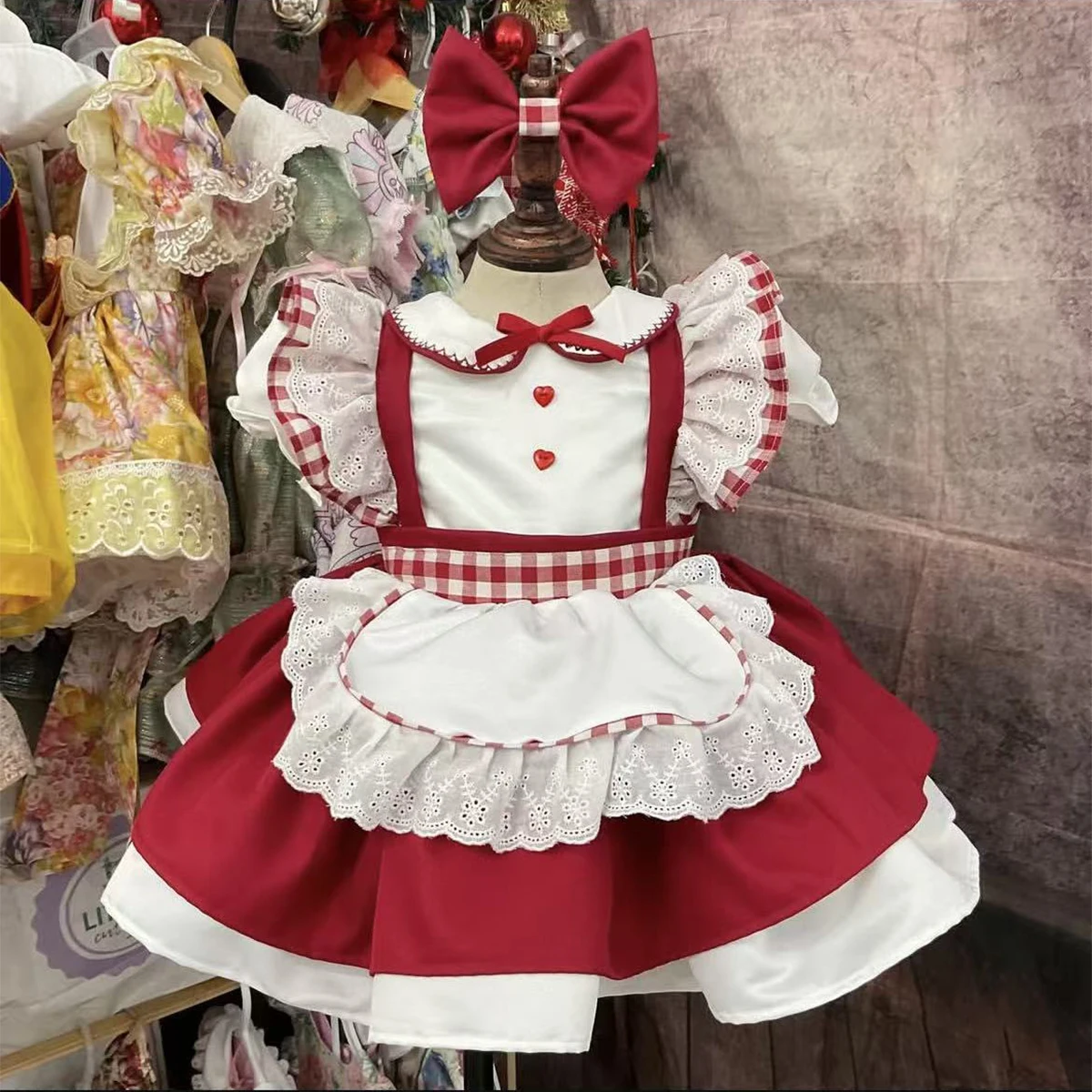 0-12Y Baby Girl Autumn Winter Red White Vintage Princess Dress for Birthday Photography Holiday Eid Christmas C349