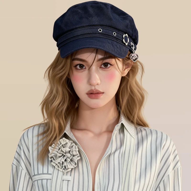 Koreanische Retro Flat-Top-Militärkappe mit Metallnieten für Damen – Steifer Denim-Schirm im Sweet Hot Girl Style mit Herz- und Blumenmuster, achteckige Sonnenkappe – Detail 3