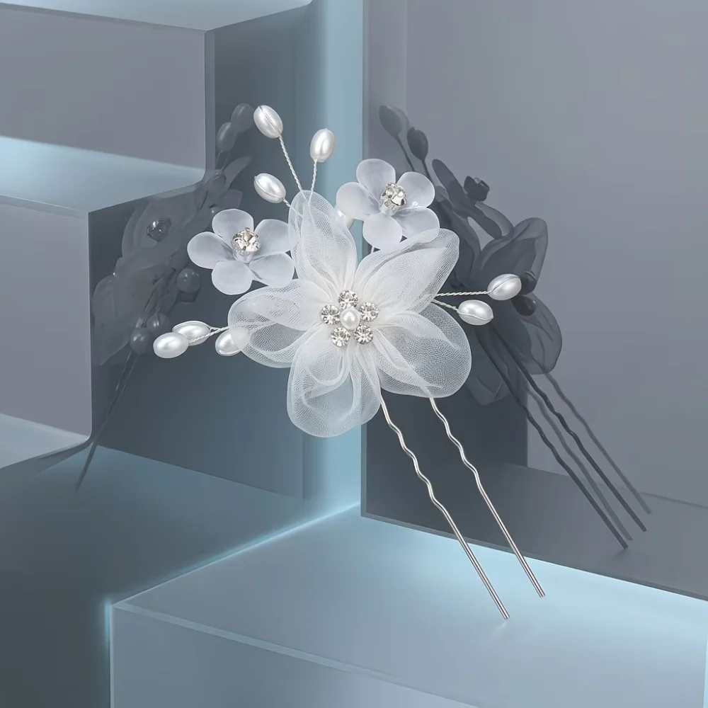 2-Piece White Organza Flower Wave U-Shaped Hair Fork Hairpins, Suitable for Wedding Bridal Updo and Photo Hairstyle Decoration image 2