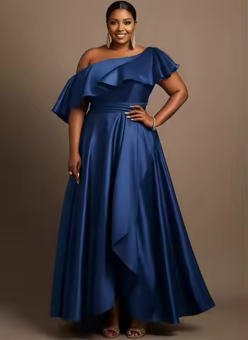 Plus Size One Shoulder Ruffled Satin Evening Gown Elegant High Low Maxi Dress for Women Formal Wedding Party Prom Cocktail Dress
