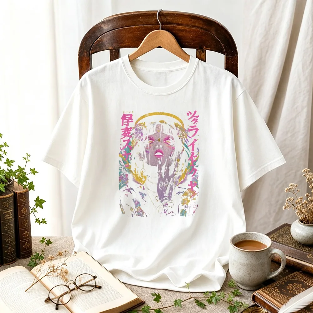 Japanese Kanji Vaporwave Anime Girl Graphic Tshirt Retro Distressed Harajuku Style Print Unisex Casual Cotton Street Fashion Tee