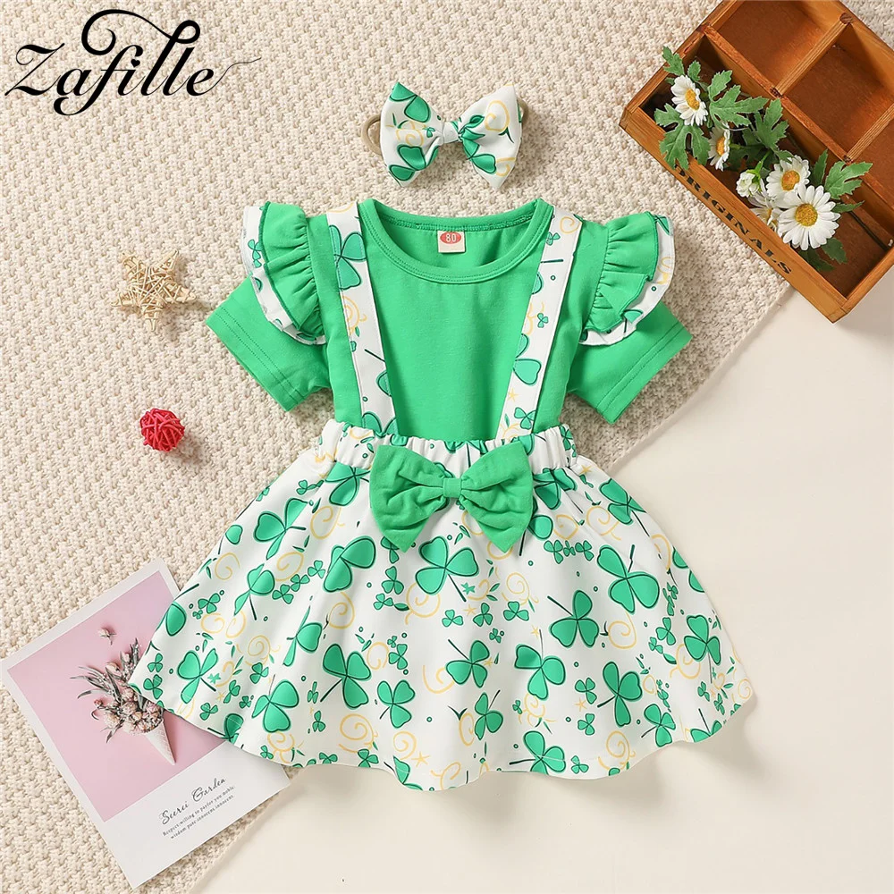 ZAFILLE 2023 St.Patrick's Day Girls Costume Flying Sleeve Top+Strap Dress Clover Print Kids Girls Clothing Summer Baby Clothes