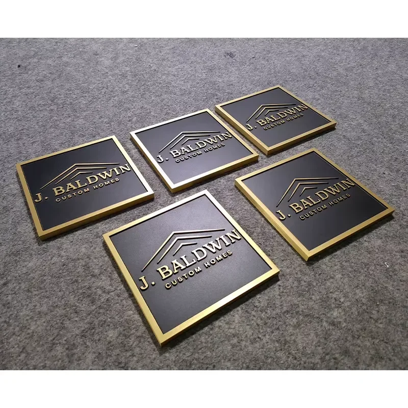 Custom Wide Gold Border Matte Black Solid Brass Villa Plaque Embossed Custom Emblem Text Exterior Wall Name Sign