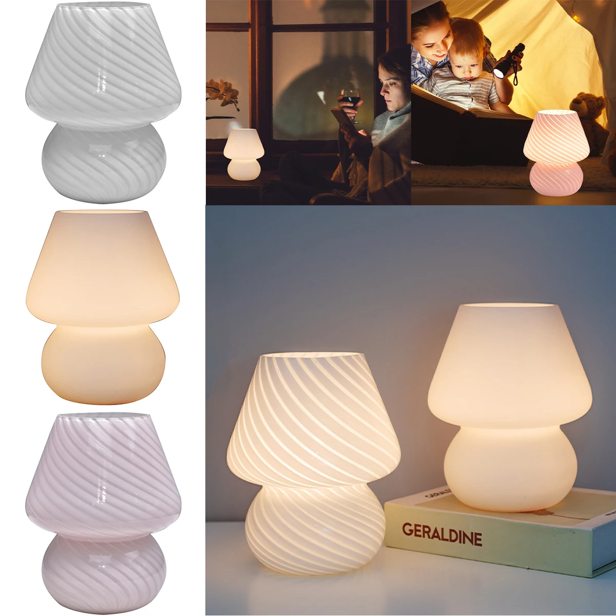 Mushroom LED Bedside Night Lamps Ins Style Striped Mushroom Lamp Murano Glass Desk Lamp Nightlight for Baby Bedroom Decoration