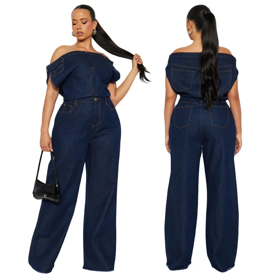 women Jumpsuit One Piece washed denim overalls full length straight jean strapless distressed vintage spliced spring pockets - view 2