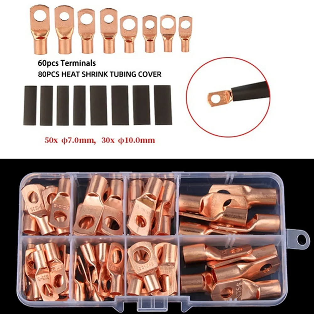 

60PCS SC6-SC25 Bare Terminal Lug Copper Lug Ring Seal Wire Cable Crimp Connector Terminal+80PCS Heat Shrink Tube