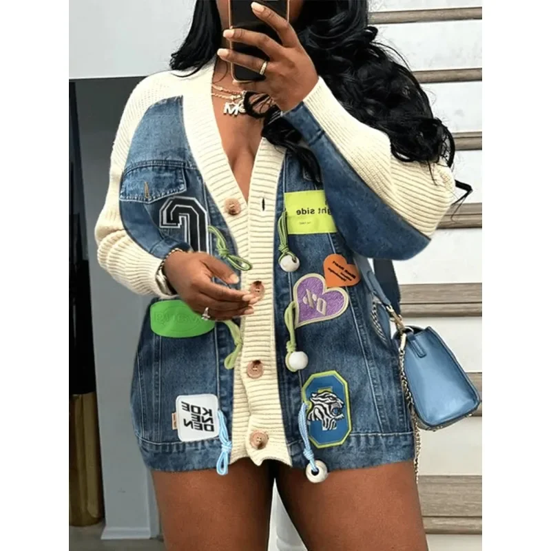 Letter Badge Denim Patchwork Knit Cardigan Dopamine Candy Color Baggy Jackets 2023 Fall Winter Activewear High Street Outerwear