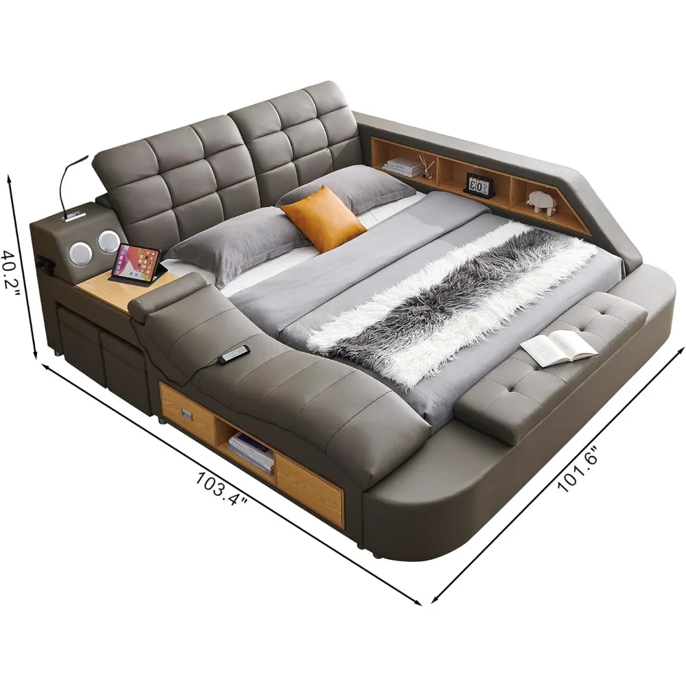 King Bed Frame, Modern Luxury Multifunction Bed Frame with Massage Recliner/Music Speaker/USB Charging Station/Storage DrawersLM