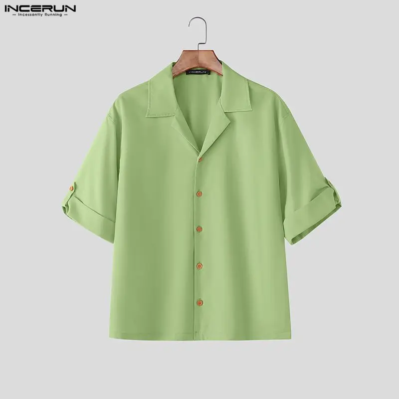 

INCERUN Мужская рубашка сплошной цвет с лацканами и коротким рукавом на пуговицах свободная мужская одежда уличная одежда корейский стиль модные топы мужские рубашки