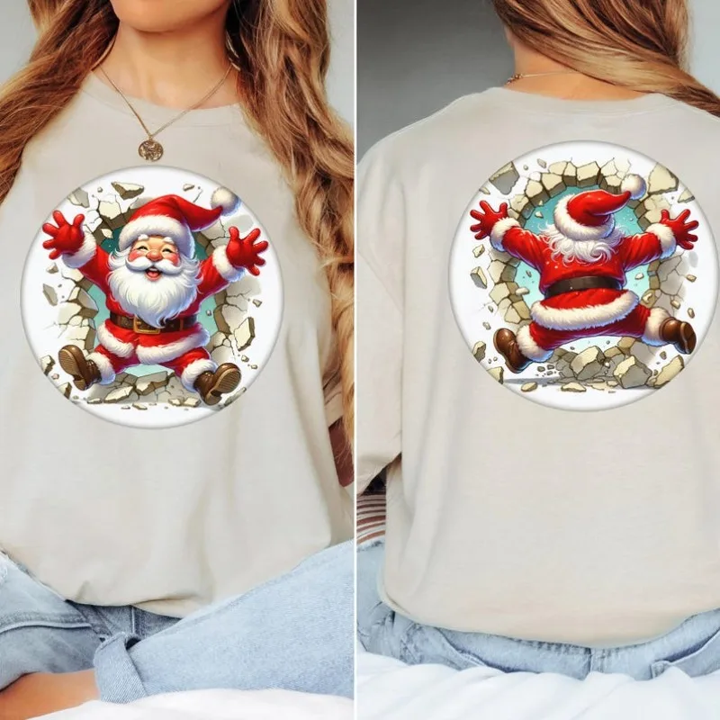 Santa Crash Weihnachts-Kapuzenpullover, lustiges Grafik-T-Shirt mit Aufdruck vorne und hinten, weich, bequem, Herbst-Winter-Baumwoll-T-Shirts für Damen