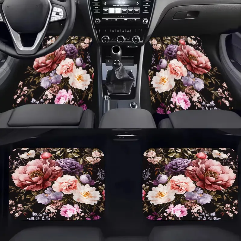 

4pcs Colorful Flowers Pattern Print Car Floor Mats Set- Comfortable Crystal Velvet Vehicles Floor Mats, Front& Rear Full Coverag
