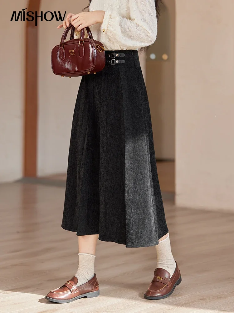 MISHOW England Style Black Skirt Women 2024 Autumn Winter Fashion Basic High Waist Thin Slim Pleated Mid Length Skirt MXD54B0596