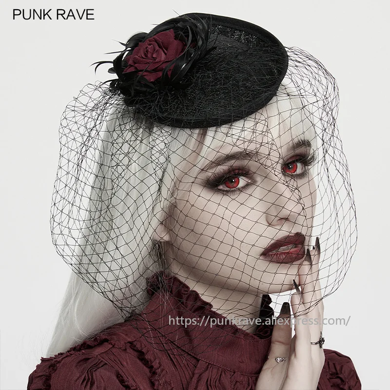 PUNK RAVE Women's Gothic Rose Flowers Feather Combination Formal Hat Mesh Mystery Hairpin-style Party Ballroom Accessories