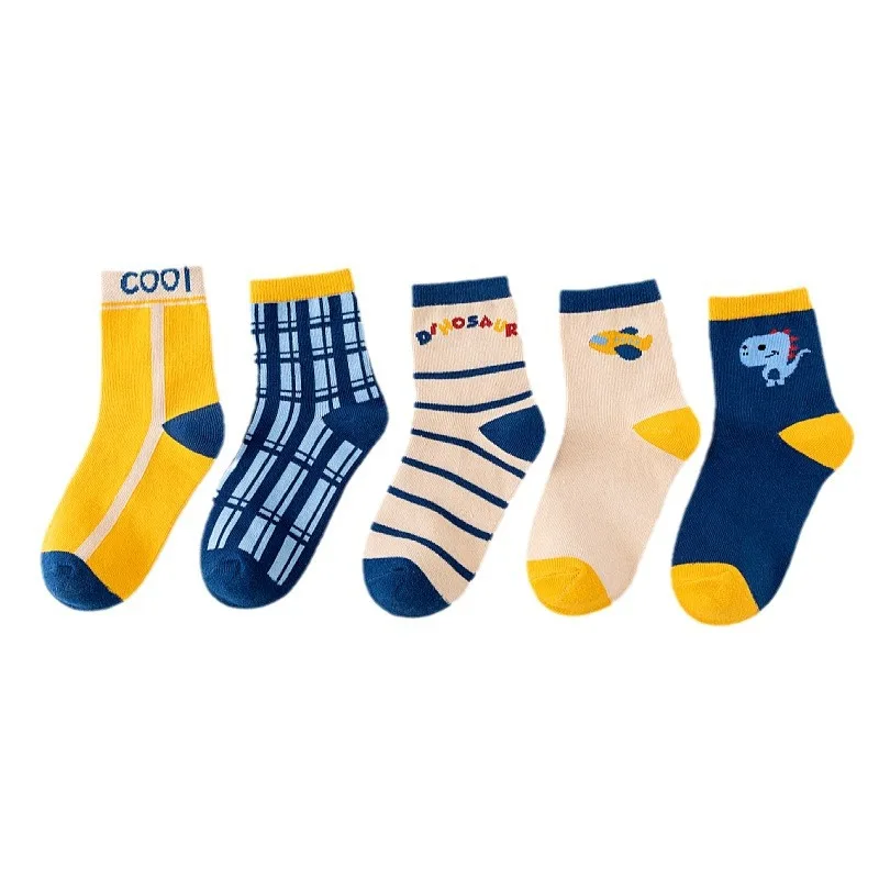 5‑Pack Kids Boys Socks Dinosaur Airplane Theme Plaid Striped Soft Cotton Breathable Mid‑Calf Casual Socks