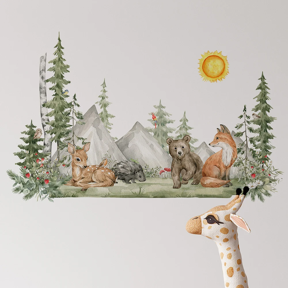 Hand Painted style Animals Forest Wall Stickers for Kids Nursery Baby Room Decor Removable Decals Eco-friendly DIY Posters Art