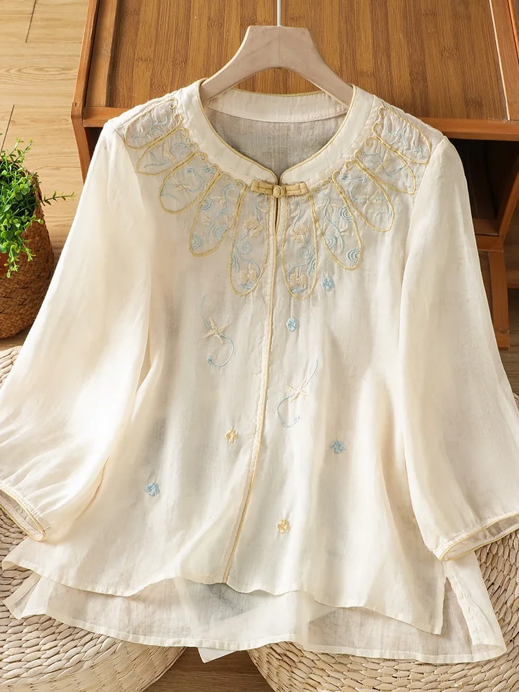 Elegant Embroidered Cotton Linen Shirt Women's Summer High Collar Button up Top  Design Breathable Comfortable Loose...