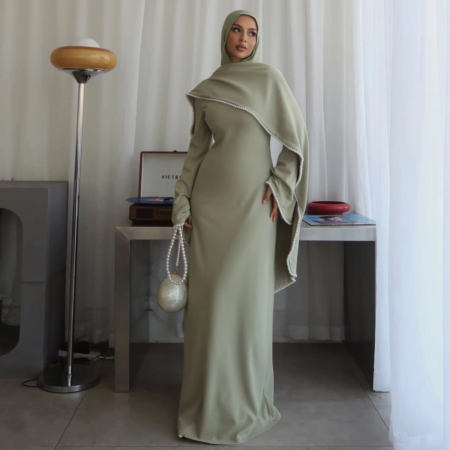 Ramadan Eid Party Slim-Fit Islam Muslim Hijabi Air Layer Knit Modest Dress with Pearl-Trimmed Cape Overlay-Self-Tie Waist String