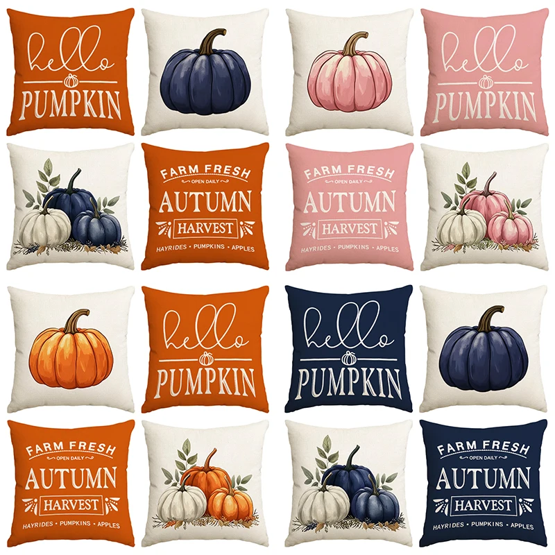 4pcs Autumn Thanksgiving Pillow Cover Retro Pumpkin Autumn Harvest Pattern Pillowcase 18x18 inches Cushion Cover No Pillow Core