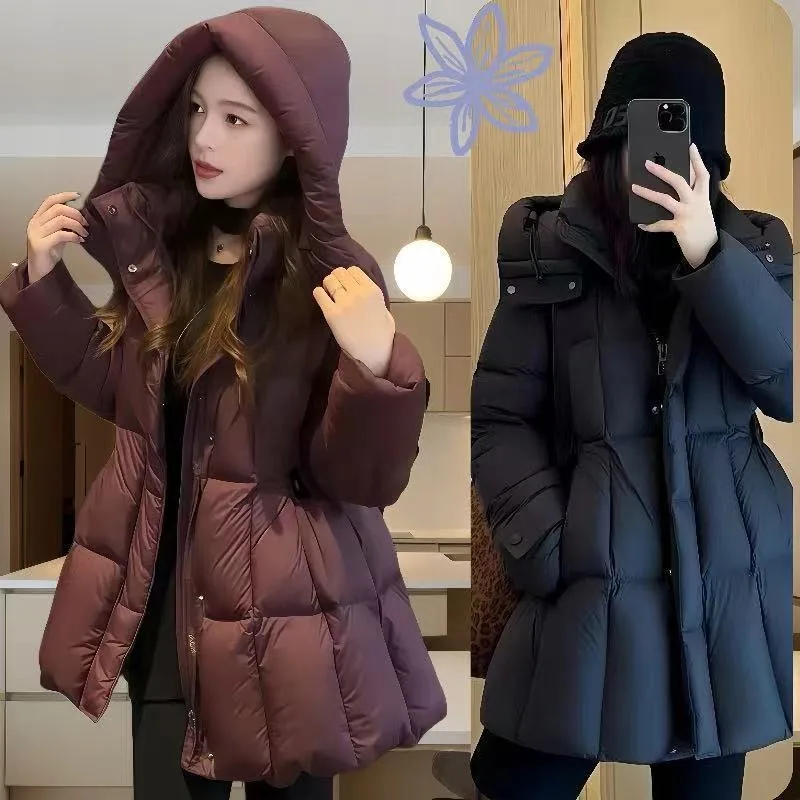 

New Down Cotton-padded Jacket Cinched Waist Large Size Slimming Look High-end Hooded Warm Versatile Thickened Cold-proof Jacket