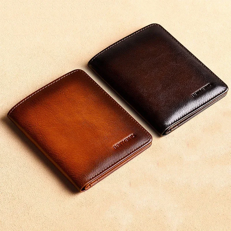 Genuine Leather Men Business Wallet RFID Blocking Men Card ID Holder Male Purse Short Money Bag Minimalist Slim Wallet for Men