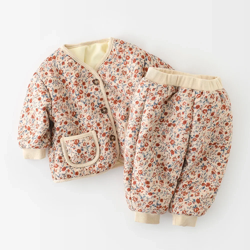 

2025 Autumn Winter Children Girls Clothes Set Cotton Thick Floral Border Jogger Pants Suit Long Sleeve Single Breasted Outfit