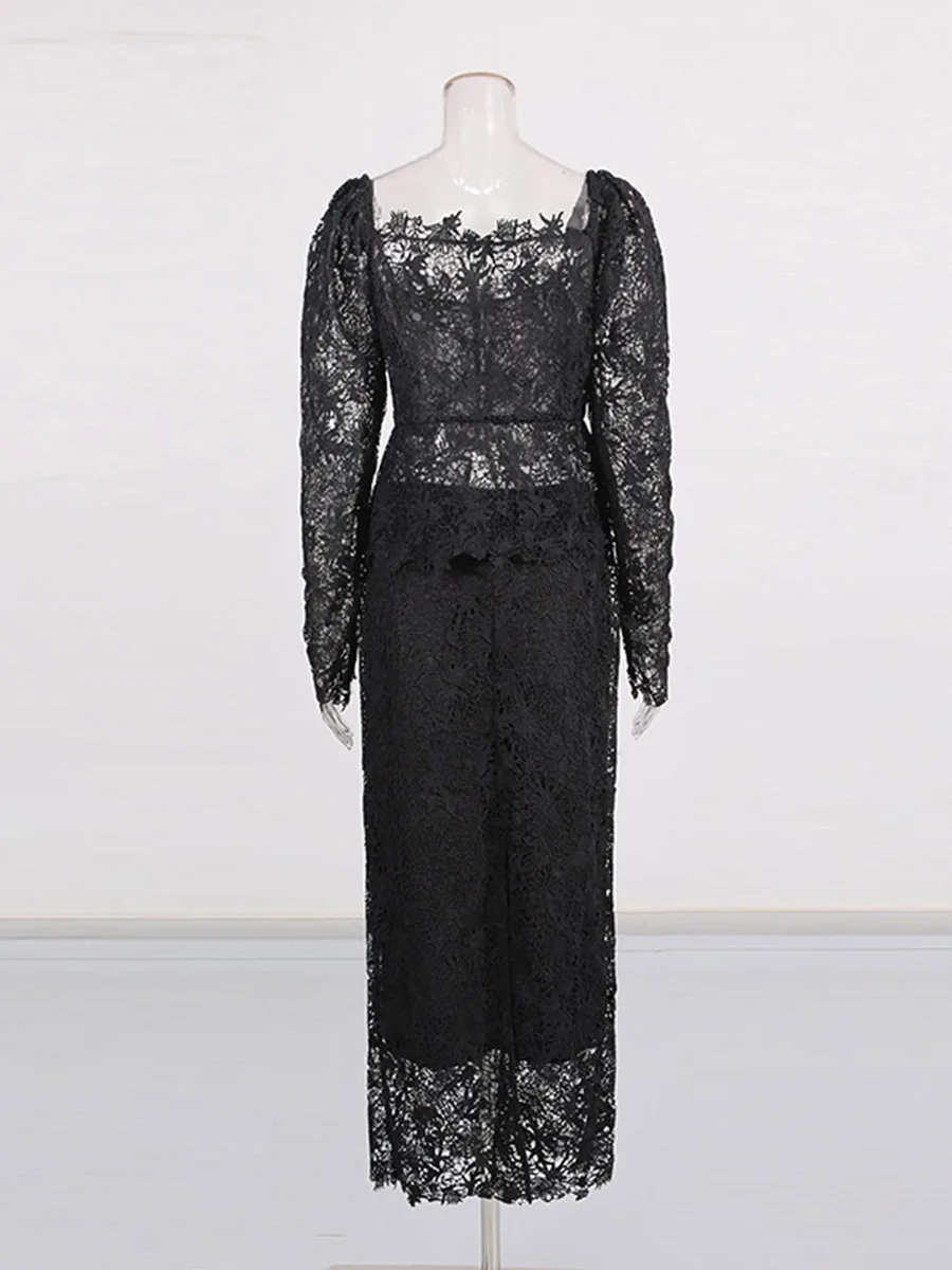 CHICEVER Set Dua Potong Renda Hitam Berpotongan Persegi Kerah Persegi Lengan Panjang Jaket Transparan Seksi Set Rok Wanita Mode Musim Gugur